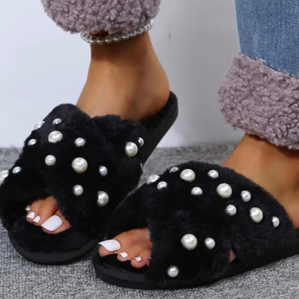 Pearl Faux fur plush slipper customized , Bridal  Party gift.